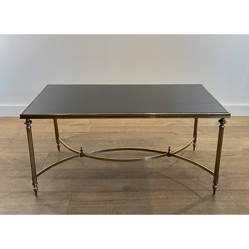 Rectangular Brass Coffee Table with Black Lacquered Glass Top by Maison Jansen, Circa 1940