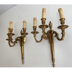 Pair of Louis XVI Style Three-Arm Bronze Wall Lights by Maison Lucien Gau, Circa 1950