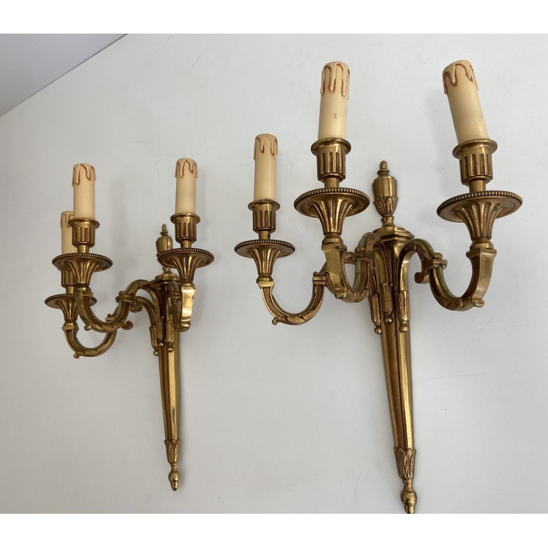 Pair of Louis XVI Style Three-Arm Bronze Wall Lights by Maison Lucien Gau, Circa 1950