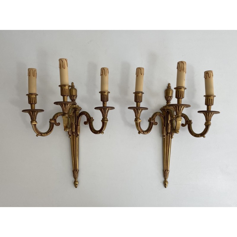 Pair of Louis XVI Style Three-Arm Bronze Wall Lights by Maison Lucien Gau, Circa 1950