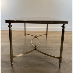 Table Basse Rectangulaire en Laiton et Plateau de Verre Laqué Noir de la Maison Jansen, Vers 1940
