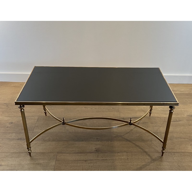 Table Basse Rectangulaire en Laiton et Plateau de Verre Laqué Noir de la Maison Jansen, Vers 1940