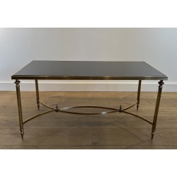 Table Basse Rectangulaire en Laiton et Plateau de Verre Laqué Noir de la Maison Jansen, Vers 1940