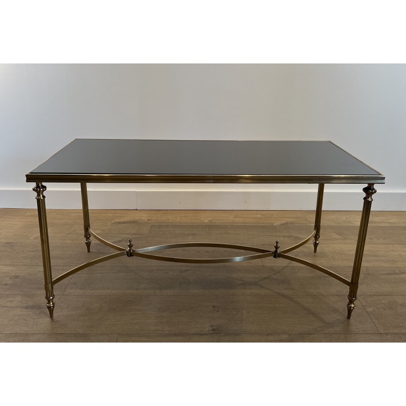 Table Basse Rectangulaire en Laiton et Plateau de Verre Laqué Noir de la Maison Jansen, Vers 1940