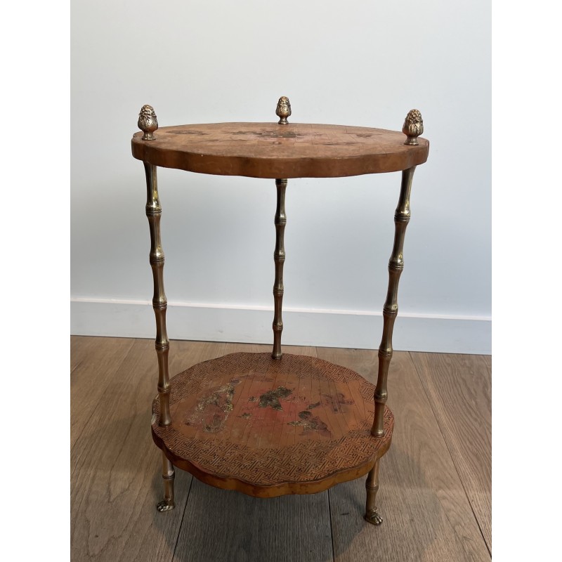 Neoclassical Style Faux-Bamboo Bronze Gueridon with Chinese Lacquer Top by Maison Baguès, Circa 1940