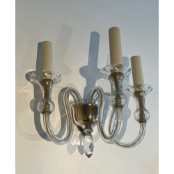 Paire d'Appliques en Cristal de Murano A 3 Bras de Lumière