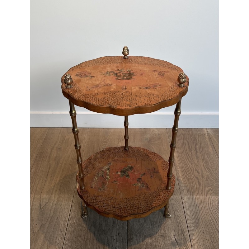 Neoclassical Style Faux-Bamboo Bronze Gueridon with Chinese Lacquer Top by Maison Baguès, Circa 1940