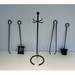 Mid-Century Modern Design Lacquered Metal Fireplace Tools Set, French Work, Circa 1970
