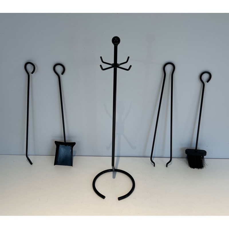 Mid-Century Modern Design Lacquered Metal Fireplace Tools Set, French Work, Circa 1970