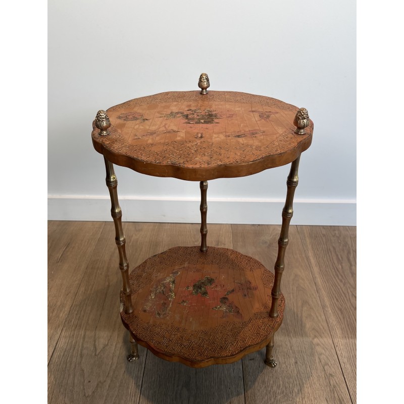 Neoclassical Style Faux-Bamboo Bronze Gueridon with Chinese Lacquer Top by Maison Baguès, Circa 1940