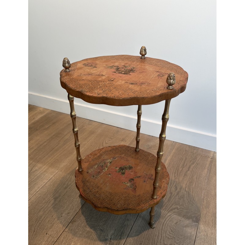 Neoclassical Style Faux-Bamboo Bronze Gueridon with Chinese Lacquer Top by Maison Baguès, Circa 1940