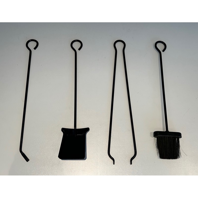 Mid-Century Modern Design Lacquered Metal Fireplace Tools Set, French Work, Circa 1970