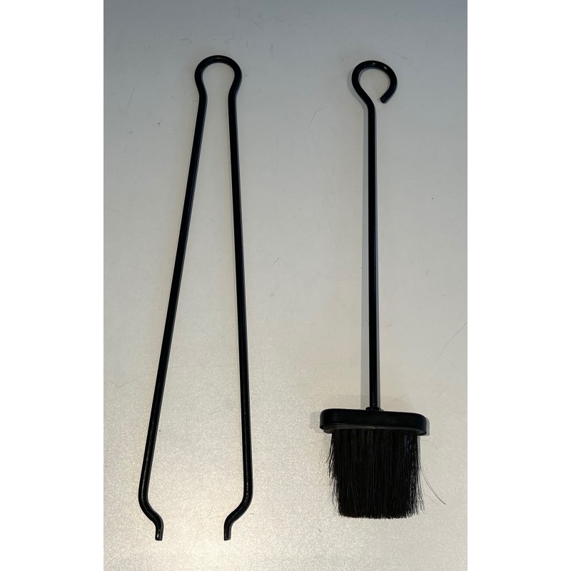 Mid-Century Modern Design Lacquered Metal Fireplace Tools Set, French Work, Circa 1970