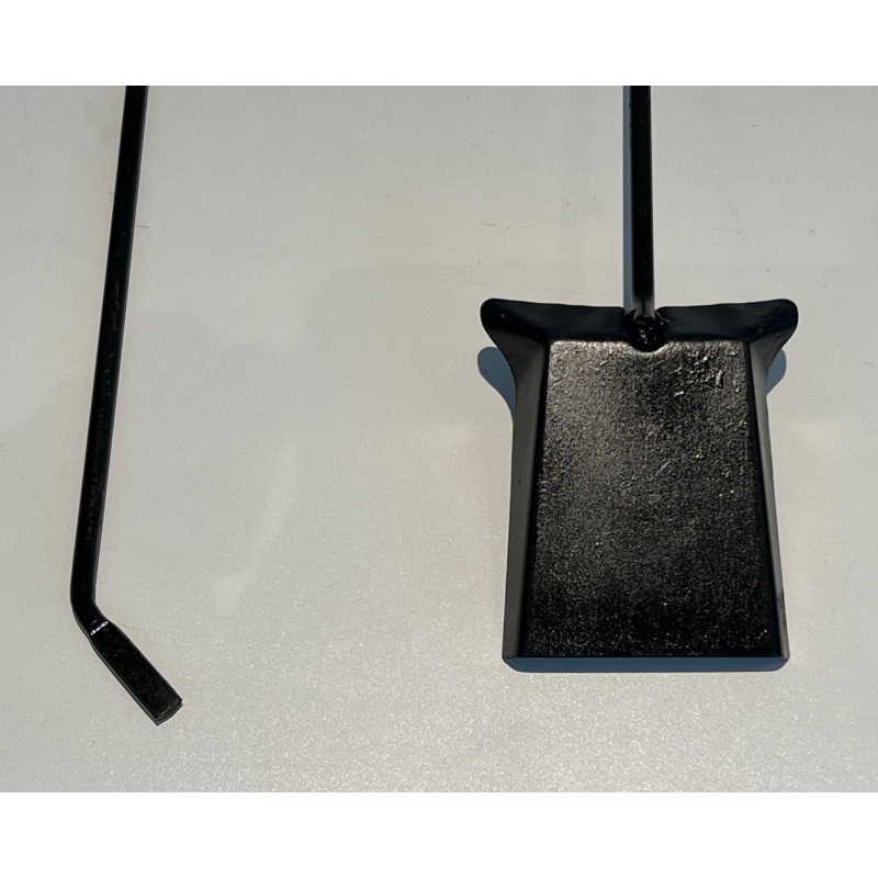 Mid-Century Modern Design Lacquered Metal Fireplace Tools Set, French Work, Circa 1970