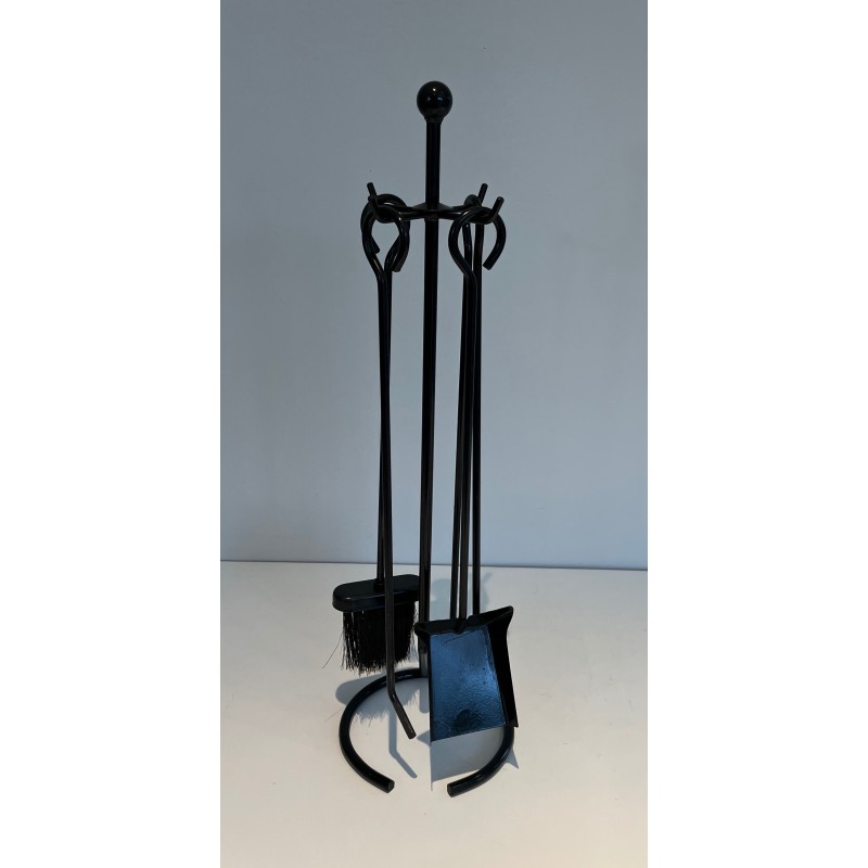 Mid-Century Modern Design Lacquered Metal Fireplace Tools Set, French Work, Circa 1970