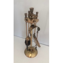 Neoclassical Style Brass Fireplace Tools Set, Pineapple Model, in the Style of Maison Jansen, Circa 1970