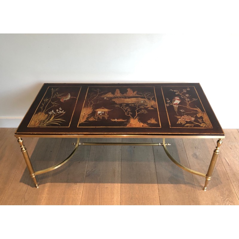 Table Basse de Style Néoclassique en Laiton à Plateau Laqué Chinoiseries, Attribuée à la Maison Jansen, Vers 1940