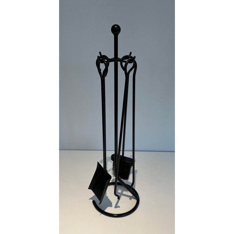 Mid-Century Modern Design Lacquered Metal Fireplace Tools Set, French Work, Circa 1970