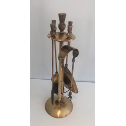 Nécessaire de Feu en Laiton de Style Néoclassique, Modèle Ananas, dans le Goût de la Maison Jansen, Vers 1970