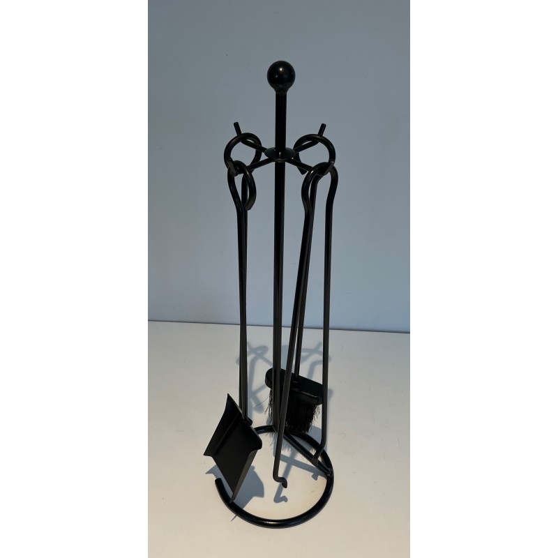 Mid-Century Modern Design Lacquered Metal Fireplace Tools Set, French Work, Circa 1970