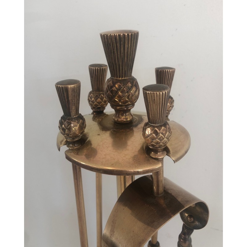 Neoclassical Style Brass Fireplace Tools Set, Pineapple Model, in the Style of Maison Jansen, Circa 1970