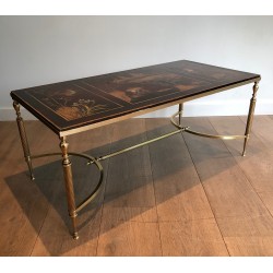 Table Basse de Style Néoclassique en Laiton à Plateau Laqué Chinoiseries, Attribuée à la Maison Jansen, Vers 1940
