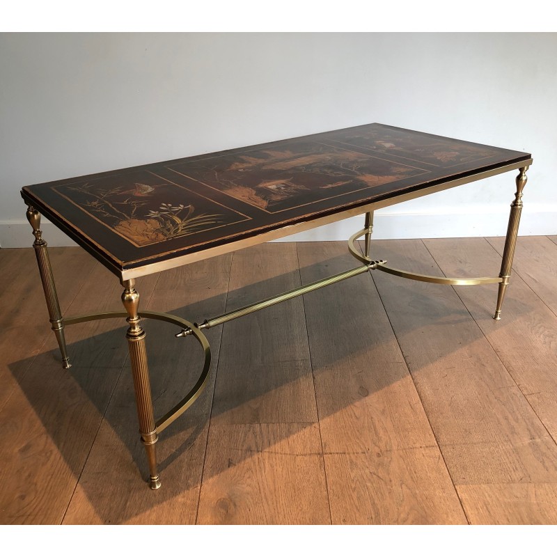 Table Basse de Style Néoclassique en Laiton à Plateau Laqué Chinoiseries, Attribuée à la Maison Jansen, Vers 1940