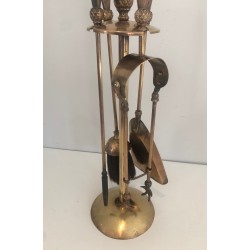 Neoclassical Style Brass Fireplace Tools Set, Pineapple Model, in the Style of Maison Jansen, Circa 1970