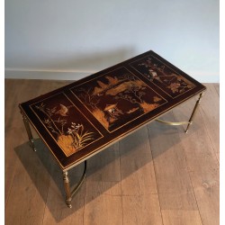 Table Basse de Style Néoclassique en Laiton à Plateau Laqué Chinoiseries, Attribuée à la Maison Jansen, Vers 1940