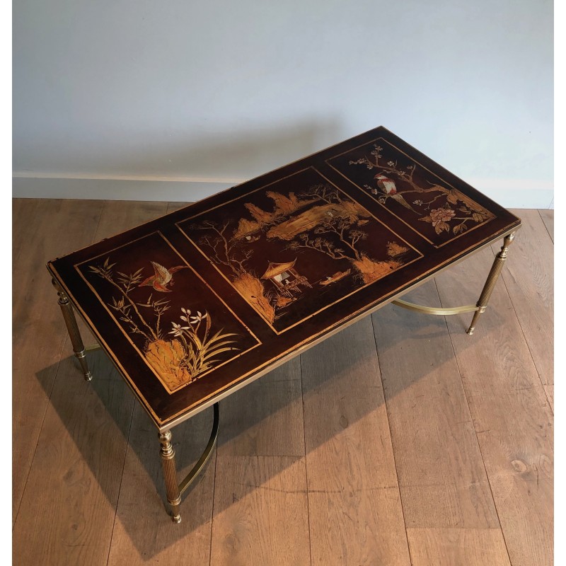 Neoclassical Style Brass Coffee Table with Chinoiserie Lacquered Top, Attributed to Maison Jansen, Circa 1940