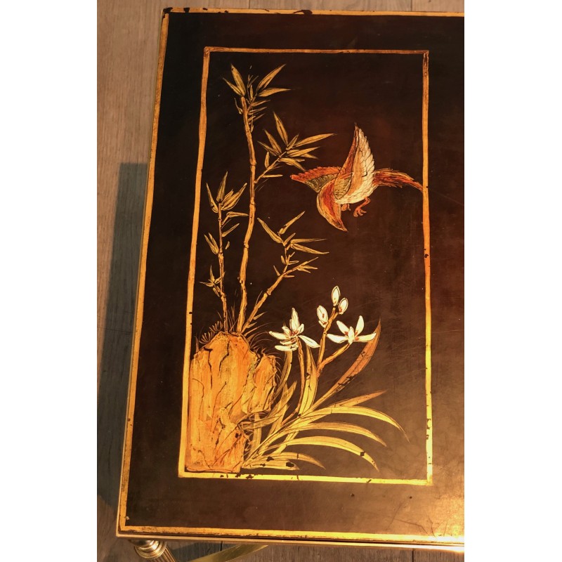 Neoclassical Style Brass Coffee Table with Chinoiserie Lacquered Top, Attributed to Maison Jansen, Circa 1940