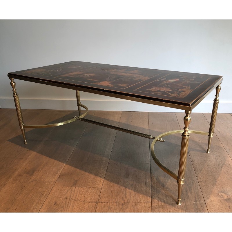 Table Basse de Style Néoclassique en Laiton à Plateau Laqué Chinoiseries, Attribuée à la Maison Jansen, Vers 1940