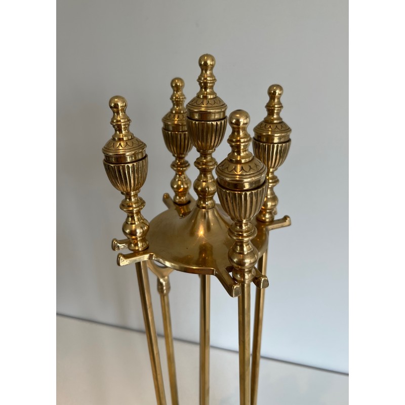 Neoclassical Style Brass Fireplace Tools Set, French Work, Circa 1940