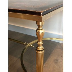 Table Basse de Style Néoclassique en Laiton à Plateau Laqué Chinoiseries, Attribuée à la Maison Jansen, Vers 1940