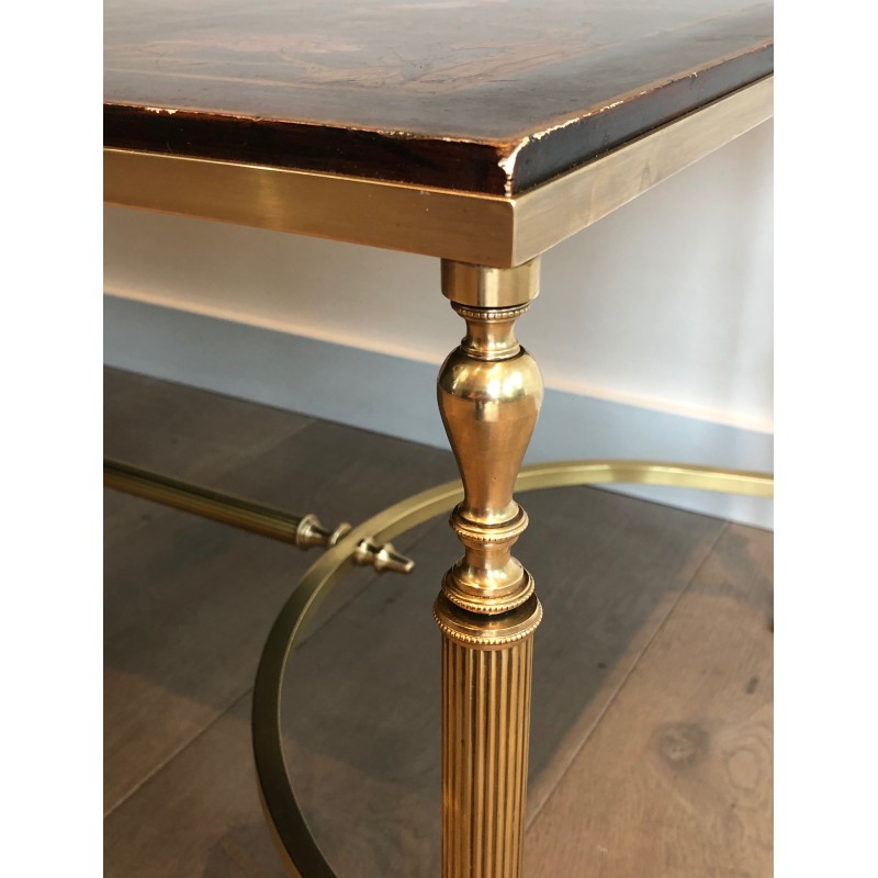Neoclassical Style Brass Coffee Table with Chinoiserie Lacquered Top, Attributed to Maison Jansen, Circa 1940