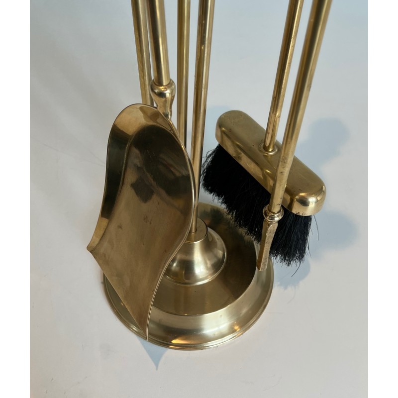 Neoclassical Style Brass Fireplace Tools Set, French Work, Circa 1940