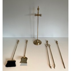 Neoclassical Style Brass Fireplace Tools Set, French Work, Circa 1940