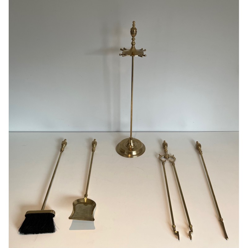 Neoclassical Style Brass Fireplace Tools Set, French Work, Circa 1940
