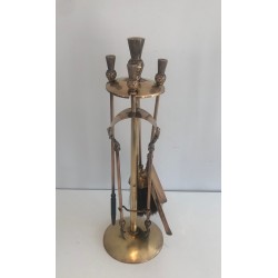 Neoclassical Style Brass Fireplace Tools Set, Pineapple Model, in the Style of Maison Jansen, Circa 1970
