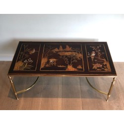 Table Basse de Style Néoclassique en Laiton à Plateau Laqué Chinoiseries, Attribuée à la Maison Jansen, Vers 1940