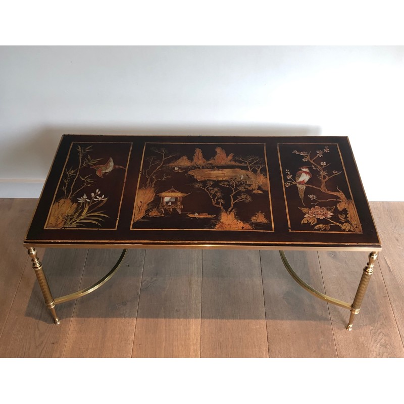 Table Basse de Style Néoclassique en Laiton à Plateau Laqué Chinoiseries, Attribuée à la Maison Jansen, Vers 1940
