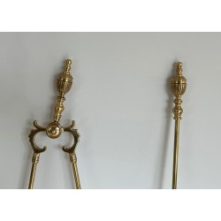 Neoclassical Style Brass Fireplace Tools Set, French Work, Circa 1940