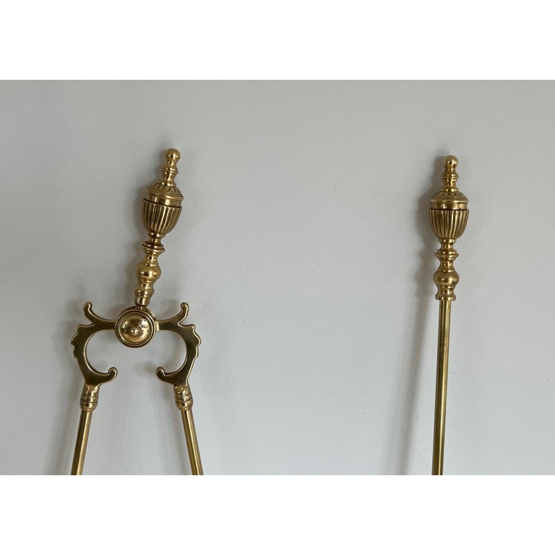 Neoclassical Style Brass Fireplace Tools Set, French Work, Circa 1940