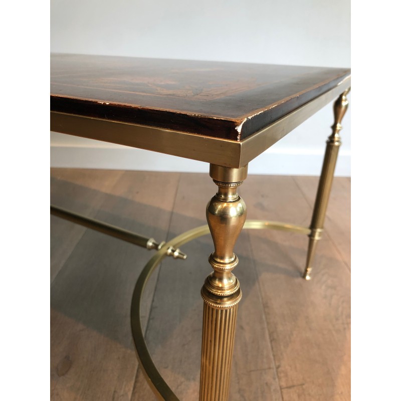 Table Basse de Style Néoclassique en Laiton à Plateau Laqué Chinoiseries, Attribuée à la Maison Jansen, Vers 1940