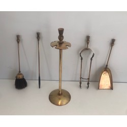 Nécessaire de Feu en Laiton de Style Néoclassique, Modèle Ananas, dans le Goût de la Maison Jansen, Vers 1970