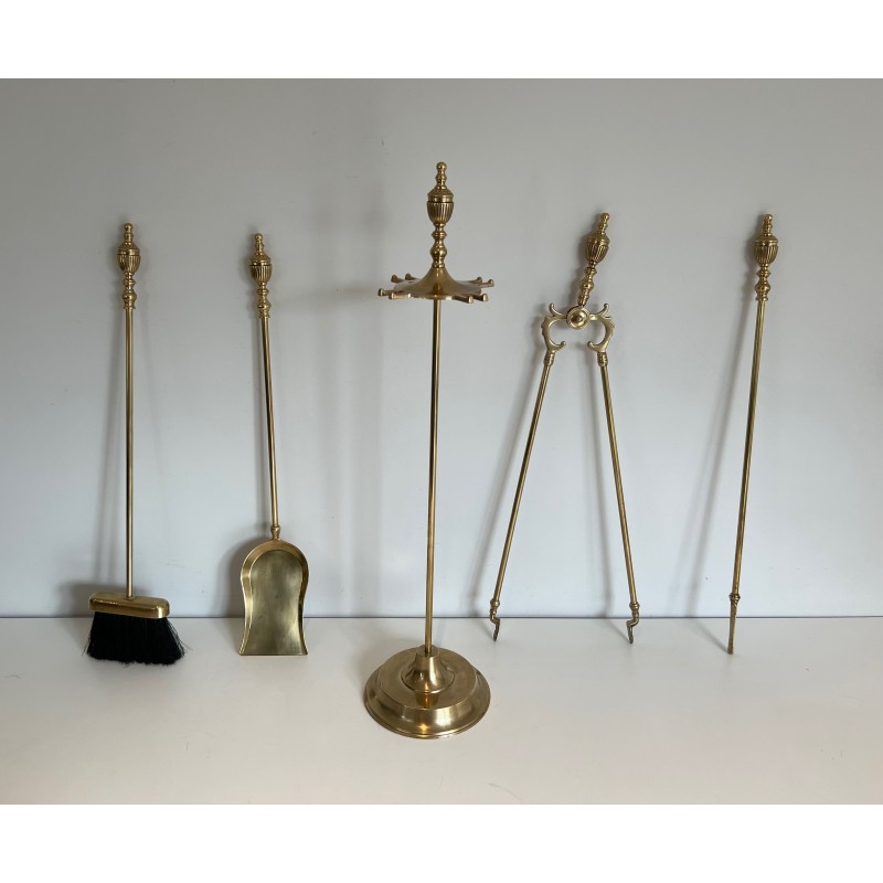 Neoclassical Style Brass Fireplace Tools Set, French Work, Circa 1940