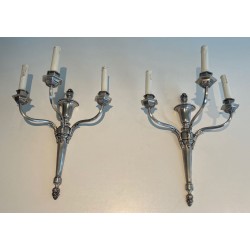 Paire d'Appliques Métal Argenté Style Louis XVI à Trois Bras | Travail Français, vers 1900