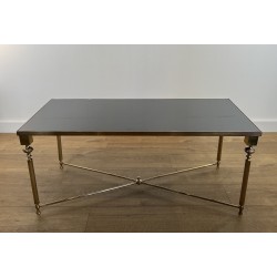 Table Basse Rectangulaire en Laiton et Plateau de Verre Laqué Noir, dans le Goût de la Maison Jansen, Vers 1940