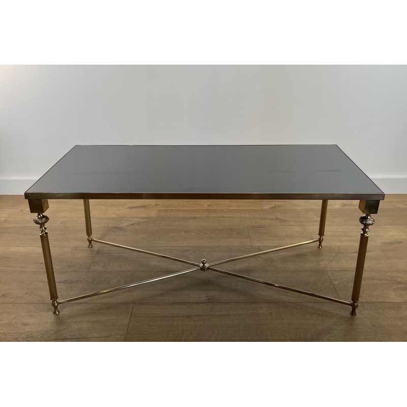 Table Basse Rectangulaire en Laiton et Plateau de Verre Laqué Noir, dans le Goût de la Maison Jansen, Vers 1940
