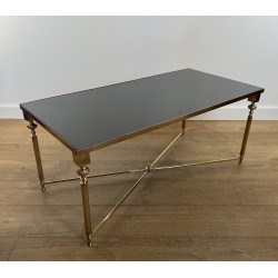 Rectangular Brass Coffee Table with Black Lacquered Glass Top, in the Style of Maison Jansen, Circa 1940